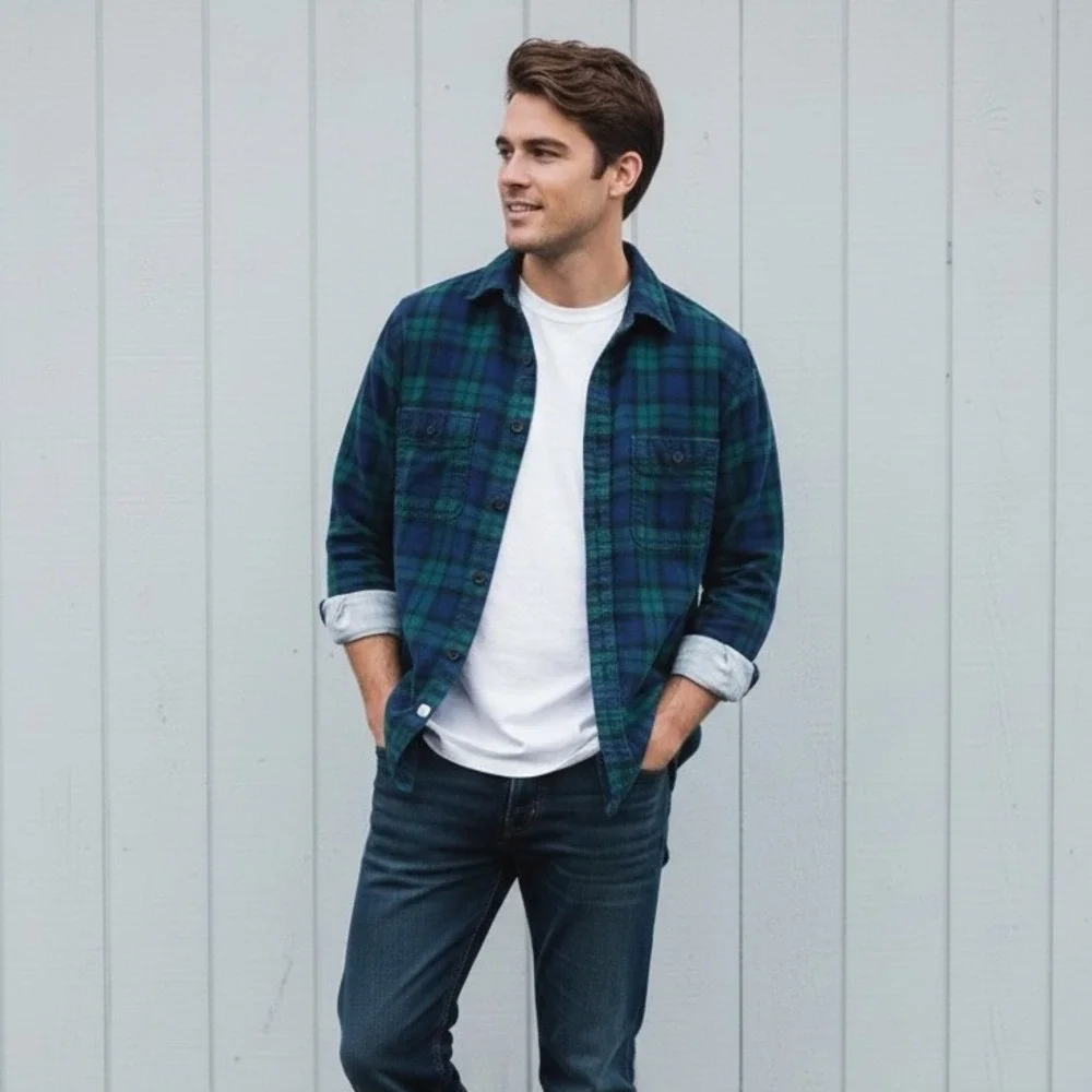 J.‎ Crew Classic Double Brushed Midweight Flannel Shirt Blue Green Plaid Size S
